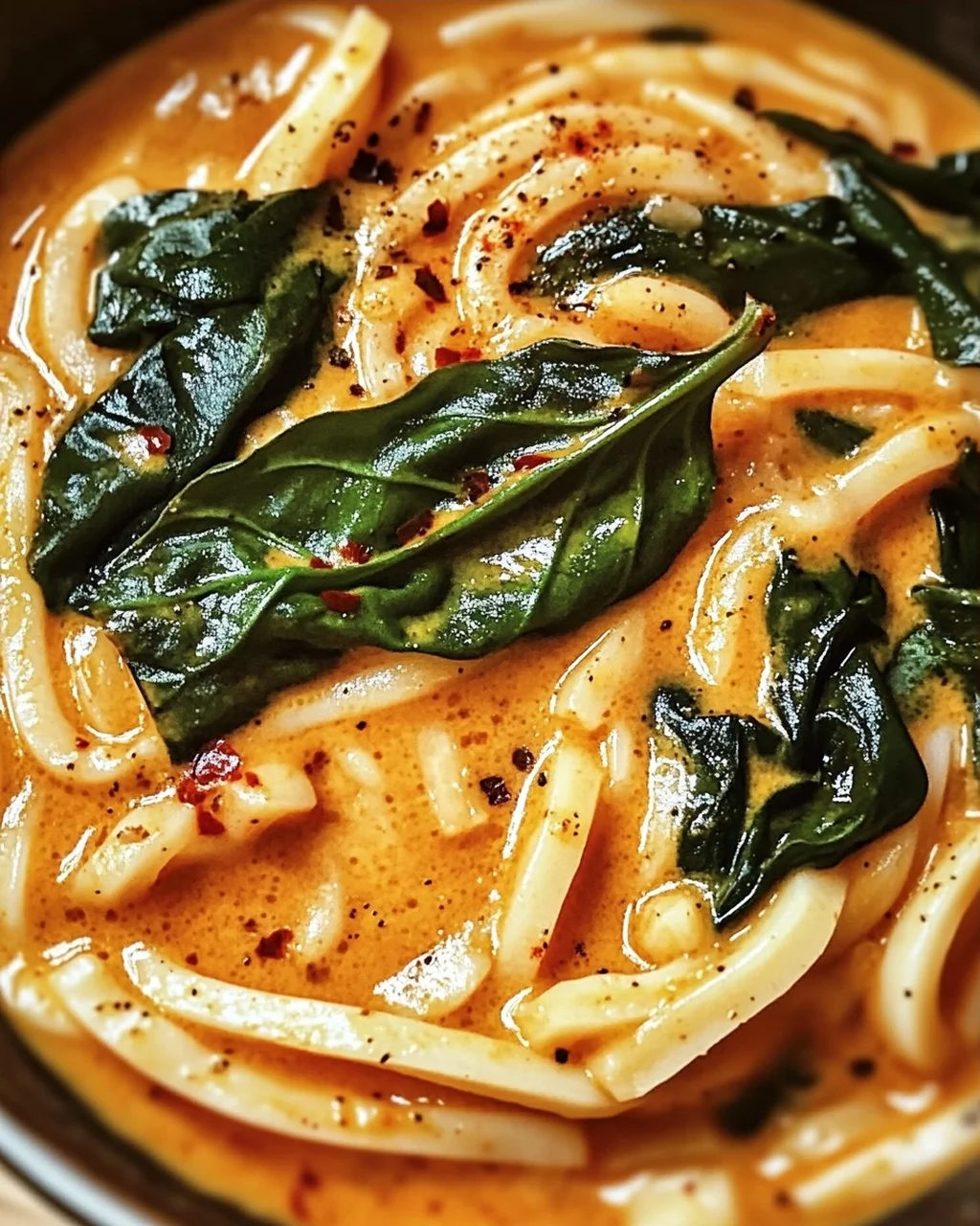 Cremige thailändische rote Curry Udon-Nudeln schnell zubereitet