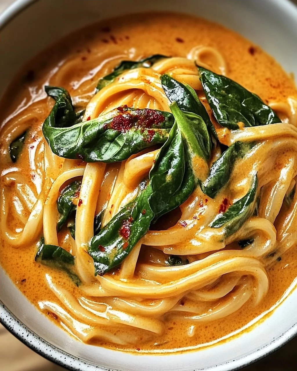 Cremige thailändische rote Curry Udon-Nudeln schnell zubereitet
