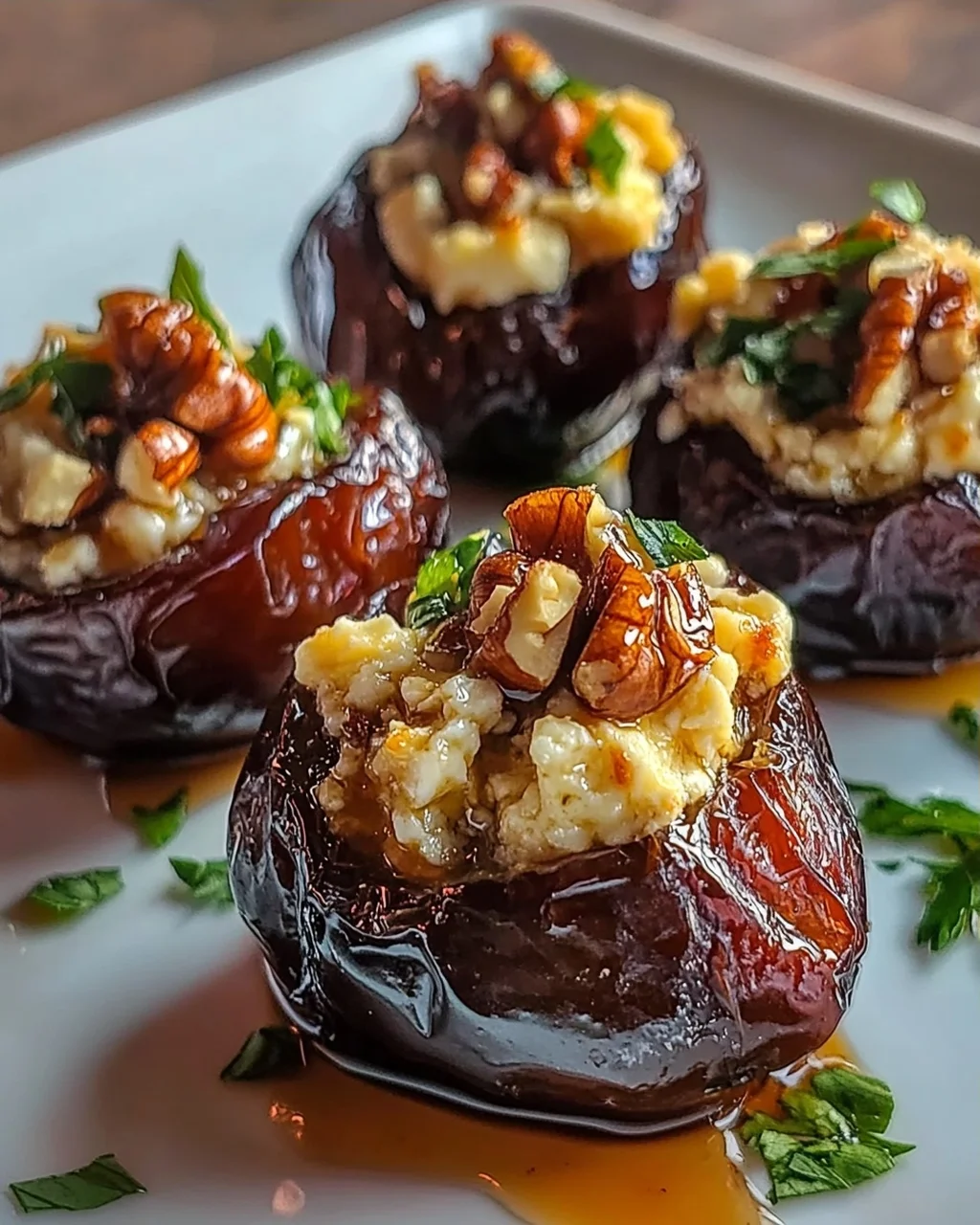 Feta Parmesan Datteln, gefüllt mit Honig-Walnuss-Knusper