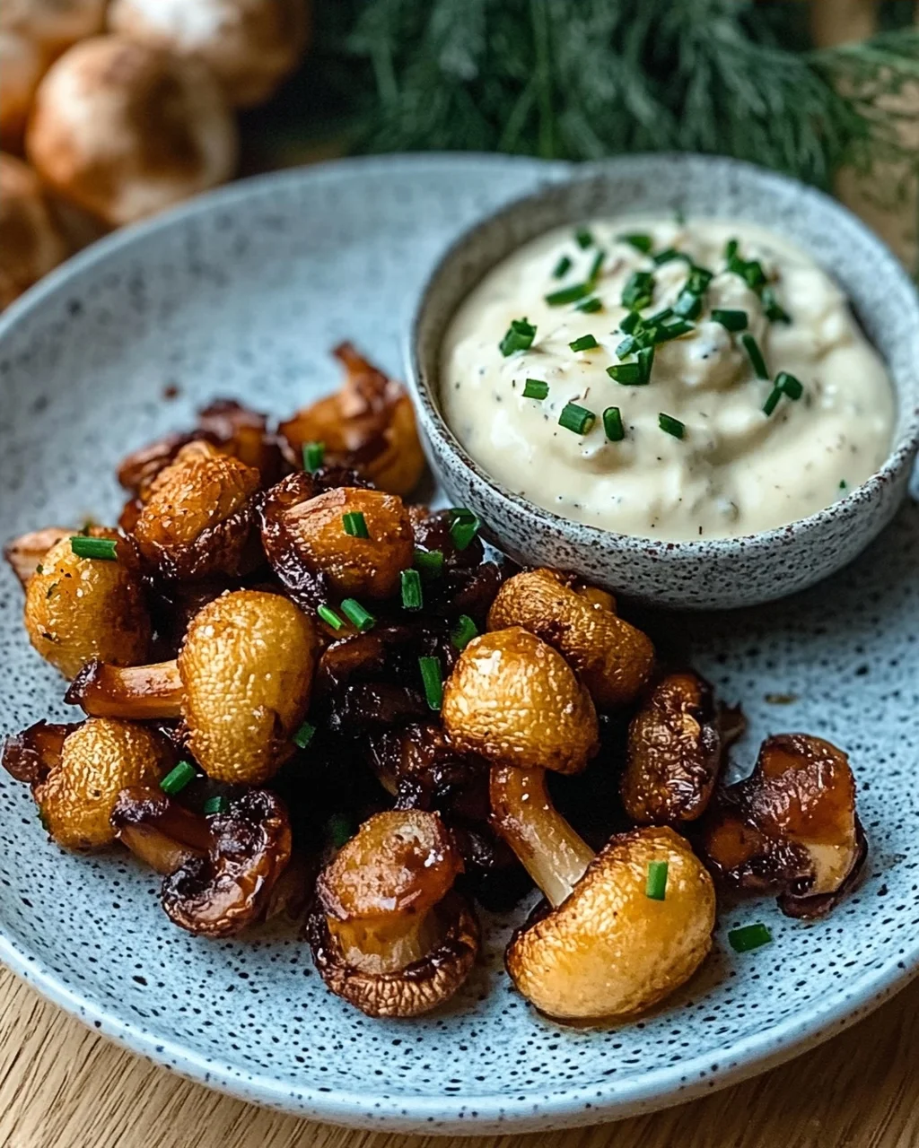 Gebratene Champignons mit Knoblauchdip (Rezept wie vom Weihnachtsmarkt)