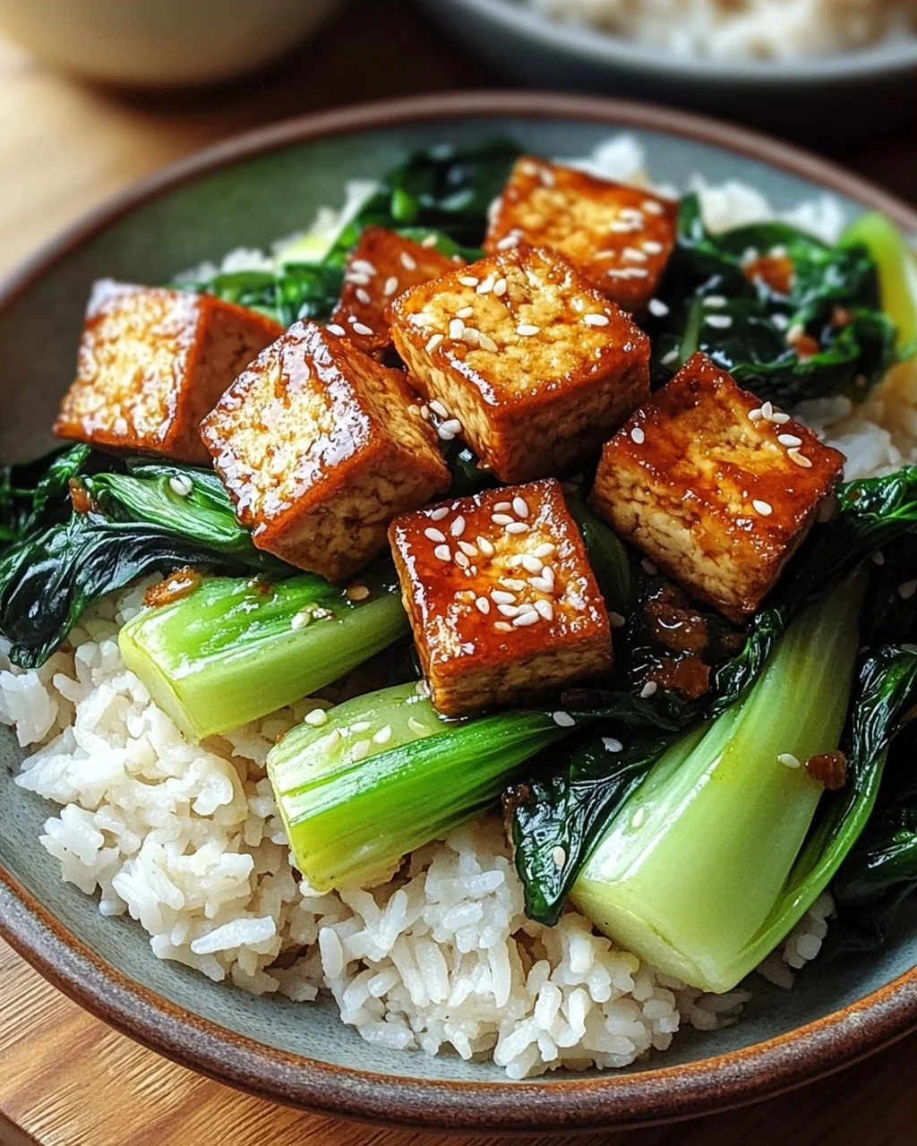 Gebratener Pak Choi mit knusprigem Tofu und Reis