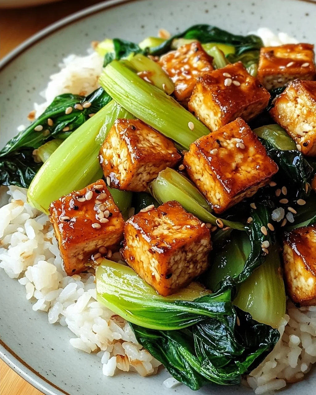 Gebratener Pak Choi mit knusprigem Tofu und Reis