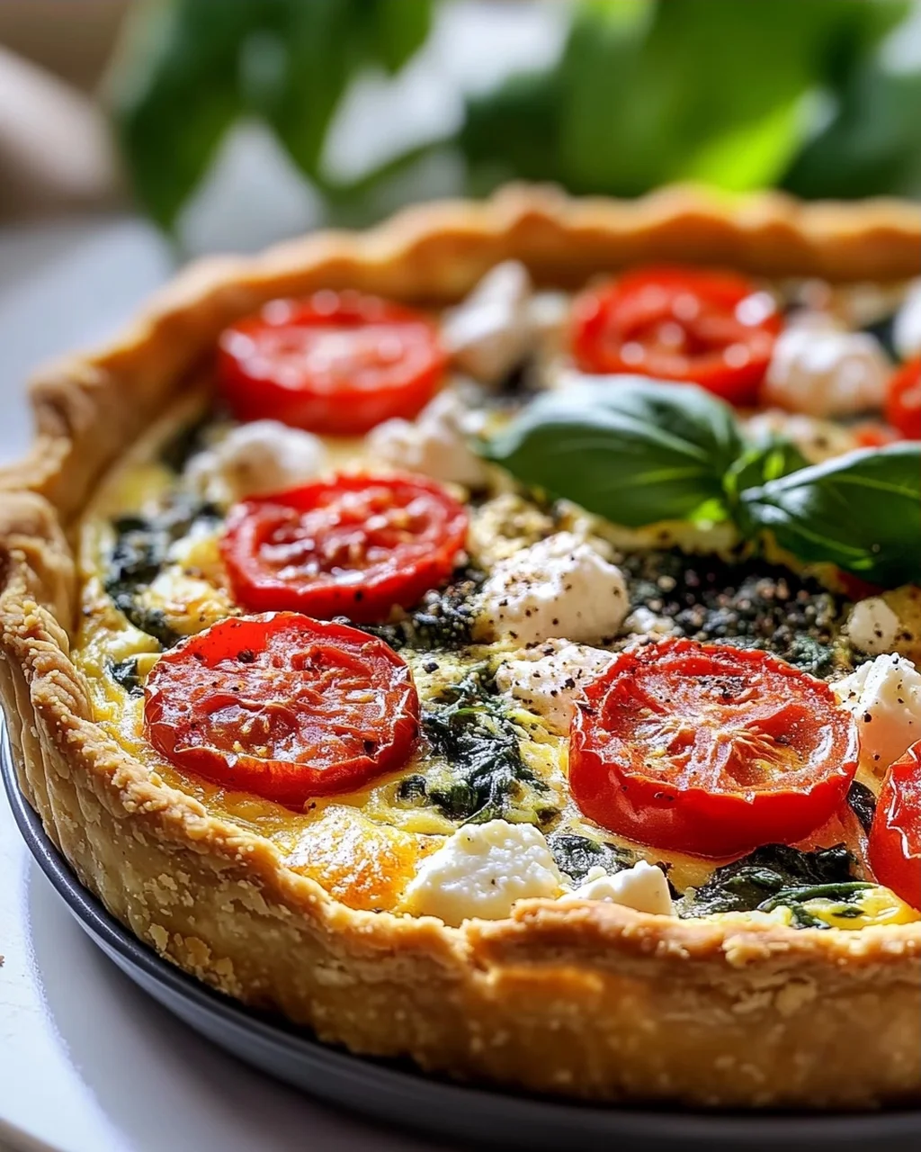 Herzhafte Quiche: Tomate, Feta, Basilikum & Spinat