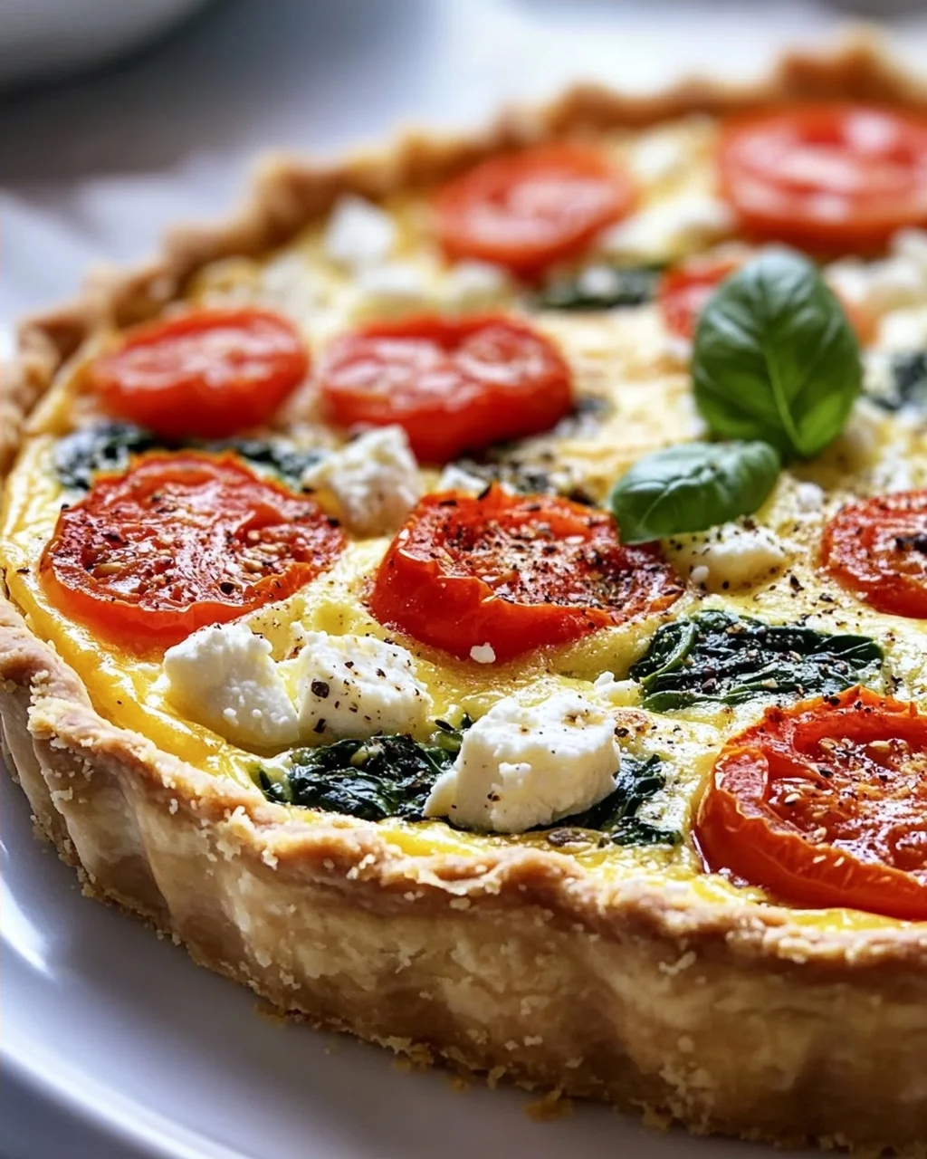 Herzhafte Quiche: Tomate, Feta, Basilikum & Spinat