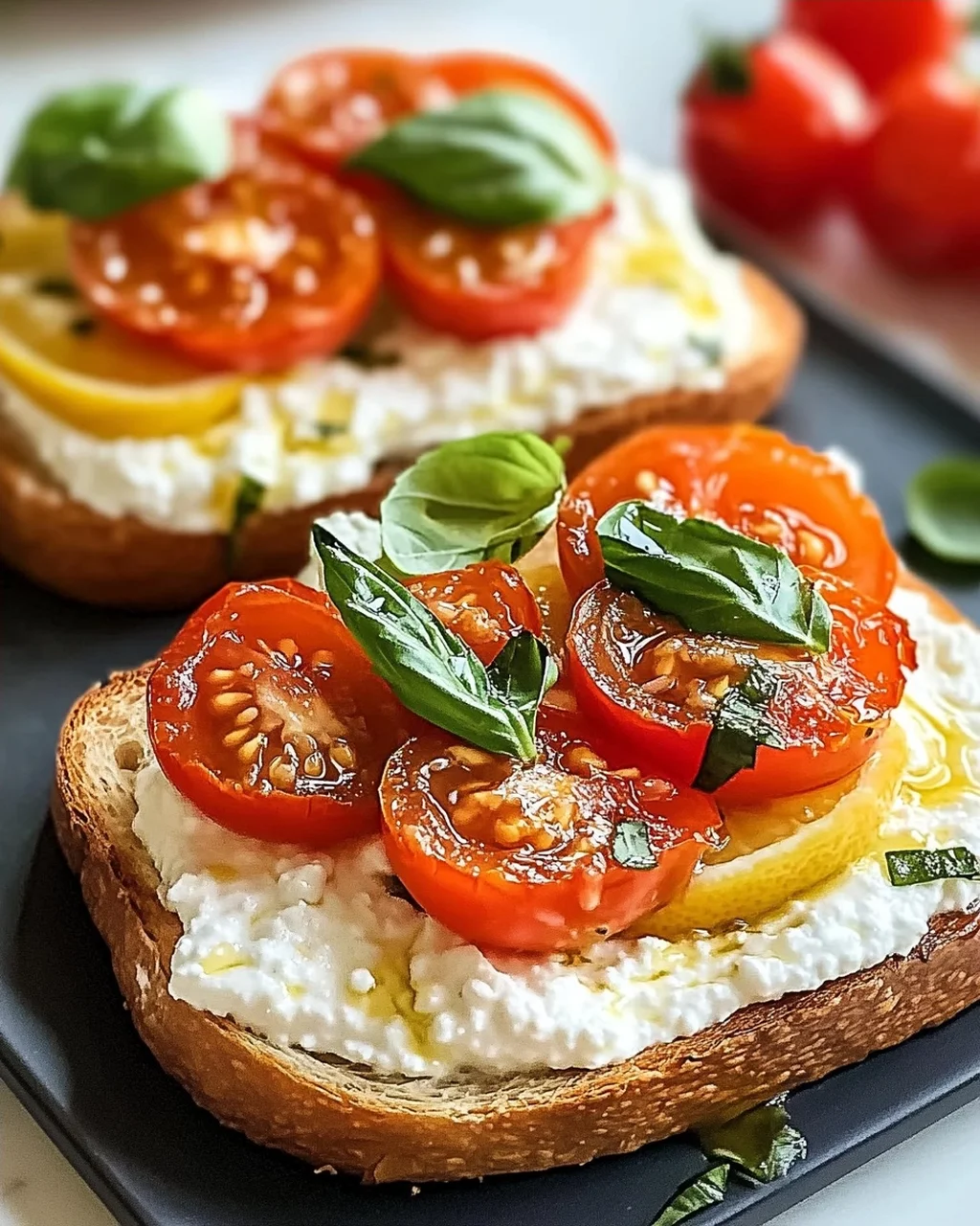Herzhafter geschlagener Hüttenkäse-Toast mit Tomaten