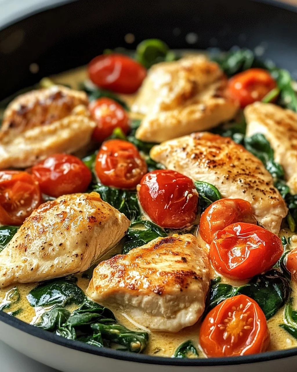 Keto Hähnchen Spinat Tomaten Pfanne: Cremiger Genuss mit Spinat & Tomaten