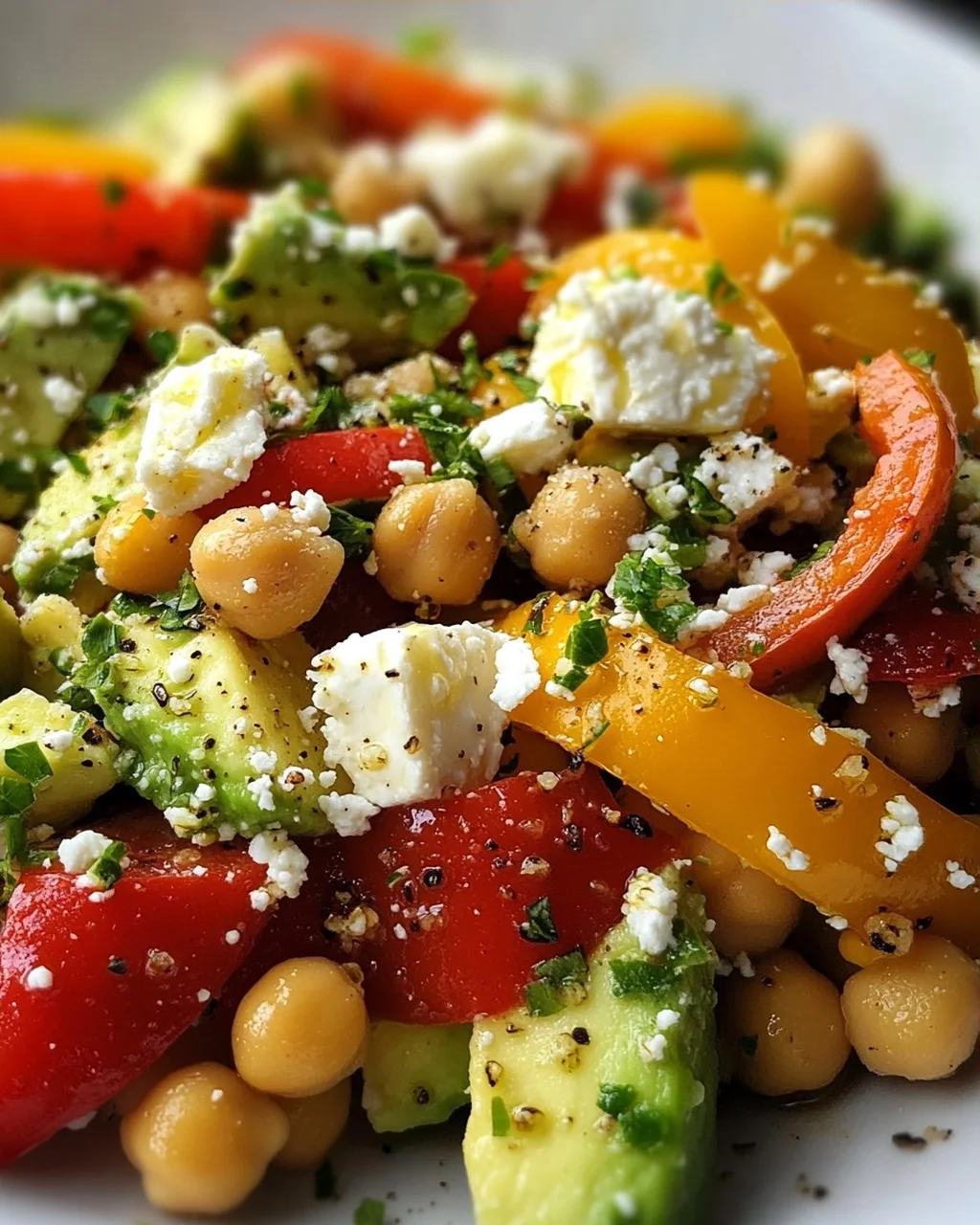 Kichererbsen-Feta-Avocado-Salat mit gerösteten Paprika