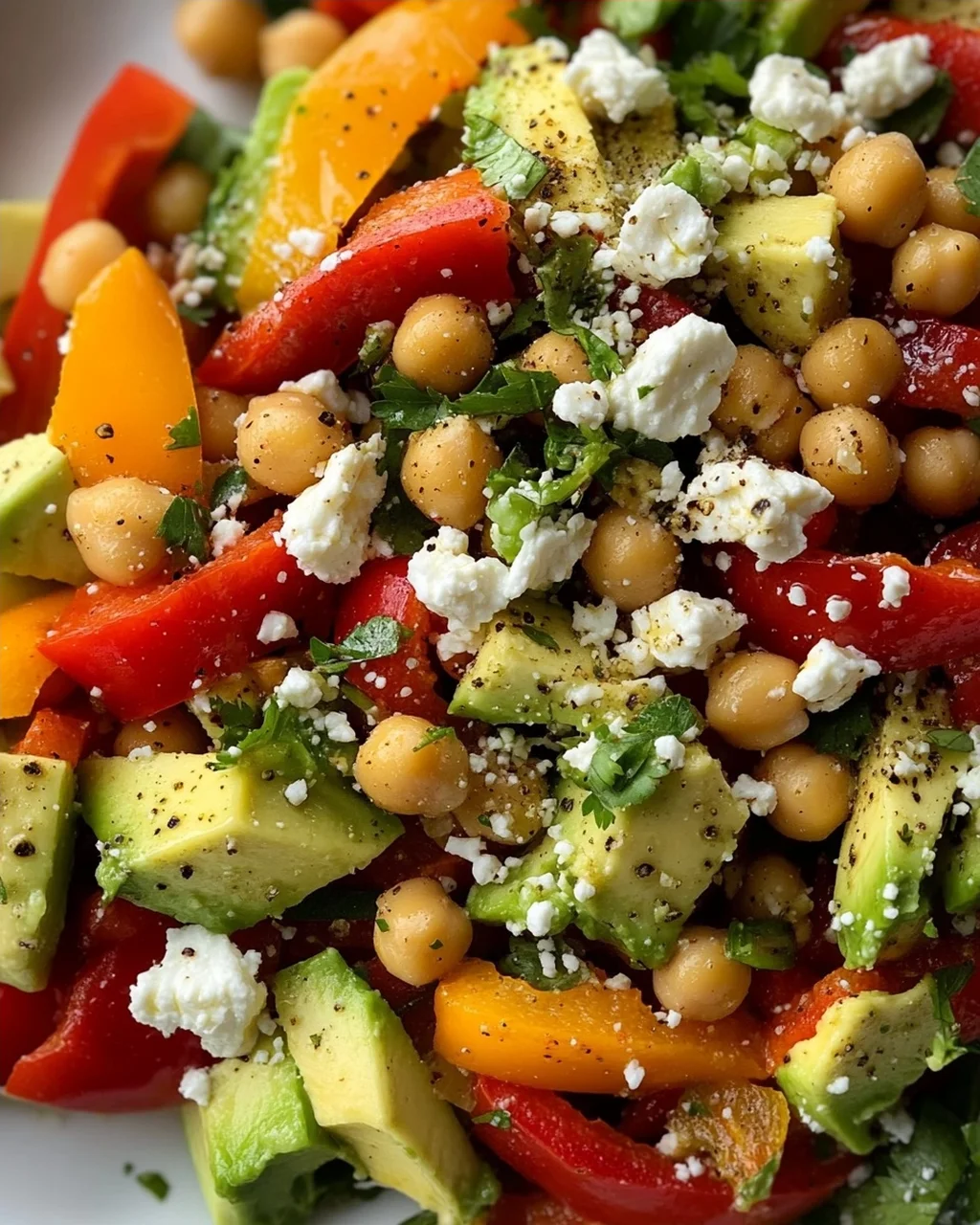 Kichererbsen-Feta-Avocado-Salat mit gerösteten Paprika