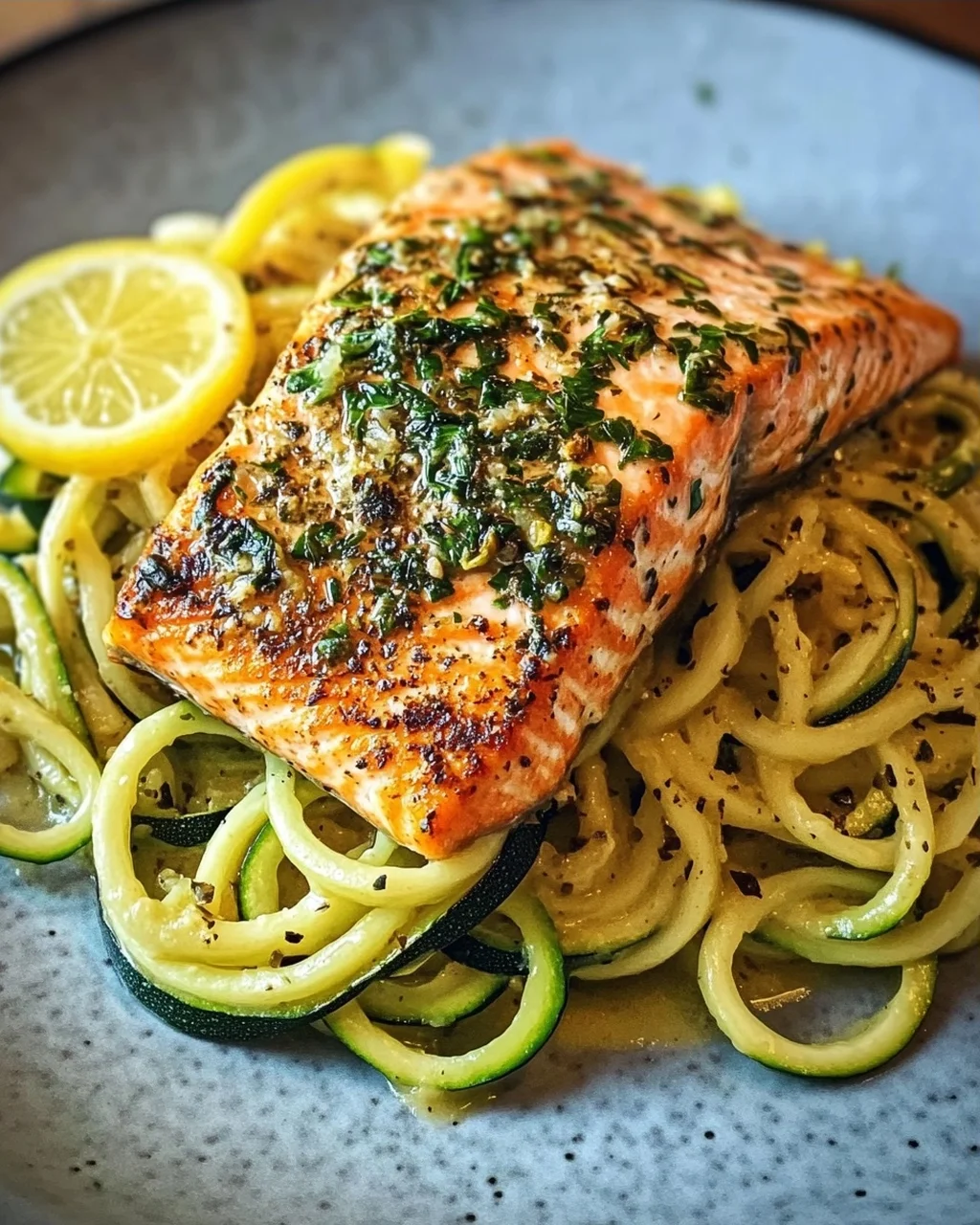Kräuterlachs auf Zucchinipasta