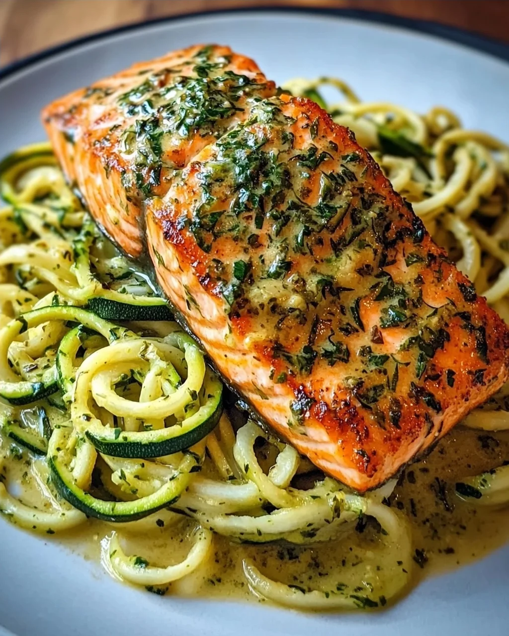 Kräuterlachs auf Zucchinipasta