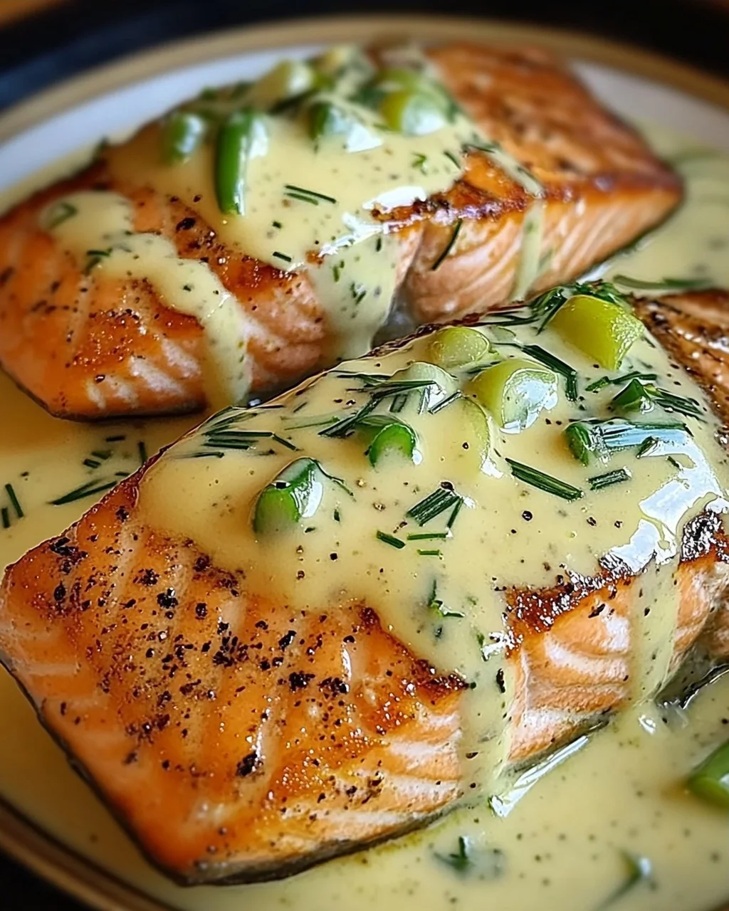 Lachs in Frühlingszwiebel-Sahnesoße