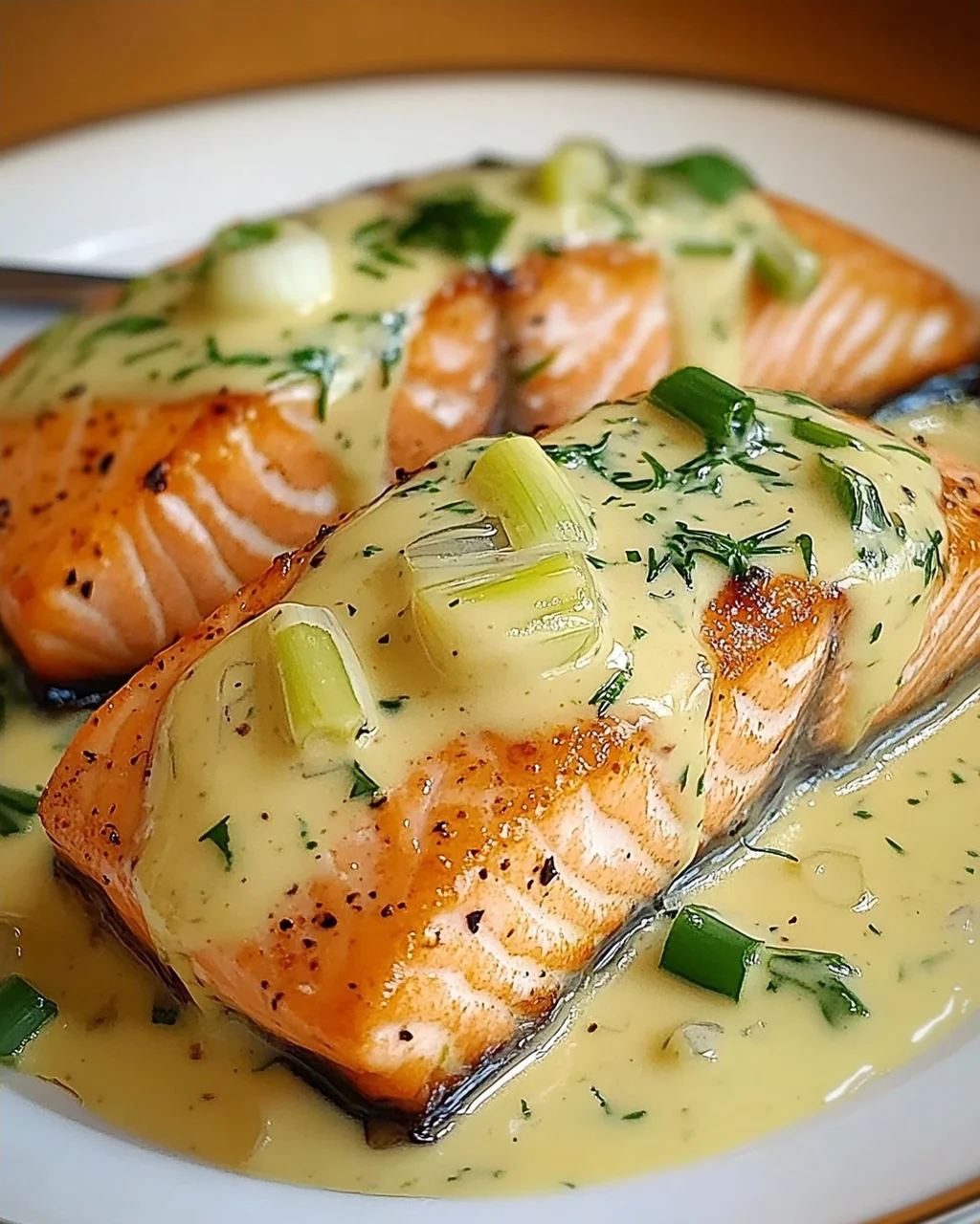 Lachs in Frühlingszwiebel-Sahnesoße