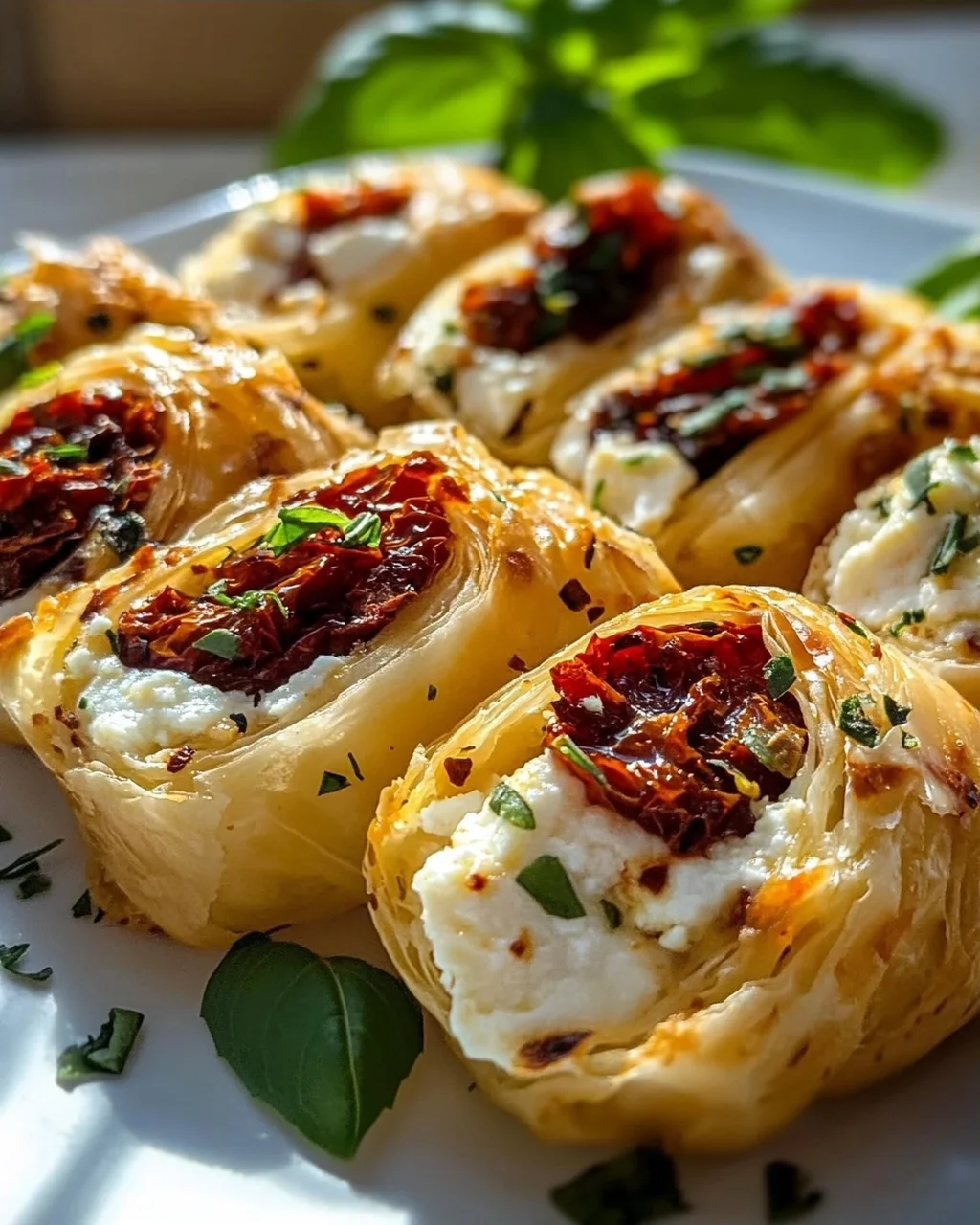 Ofen Feta Röllchen mit getrockneten Tomaten und Basilikum Rezept