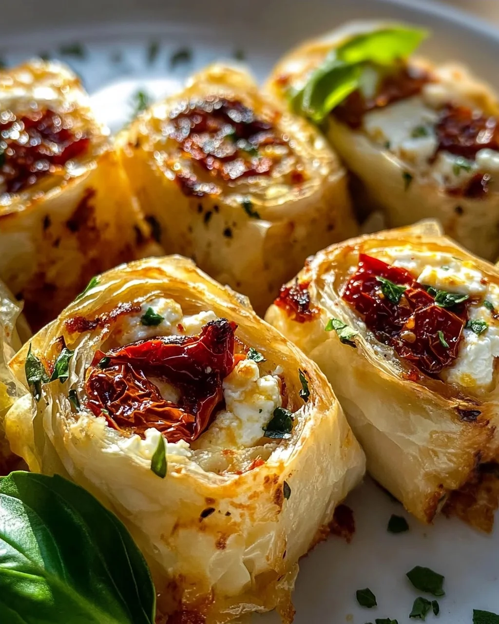 Ofen Feta Röllchen mit getrockneten Tomaten und Basilikum Rezept