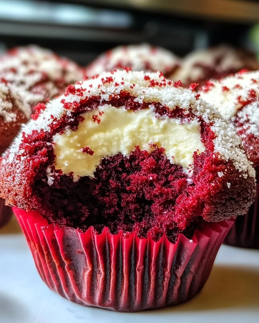 Rote Samtmuffins mit Frischkäsefüllung genießen