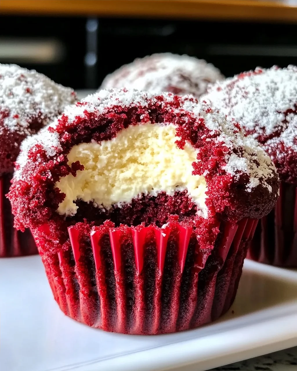 Rote Samtmuffins mit Frischkäsefüllung genießen