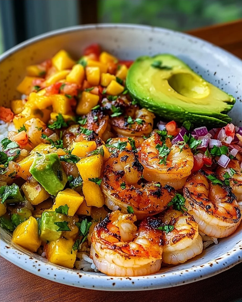 Shrimp-Avocado-Bowls mit Mango-Salsa und Limetten-Chili-Sauce