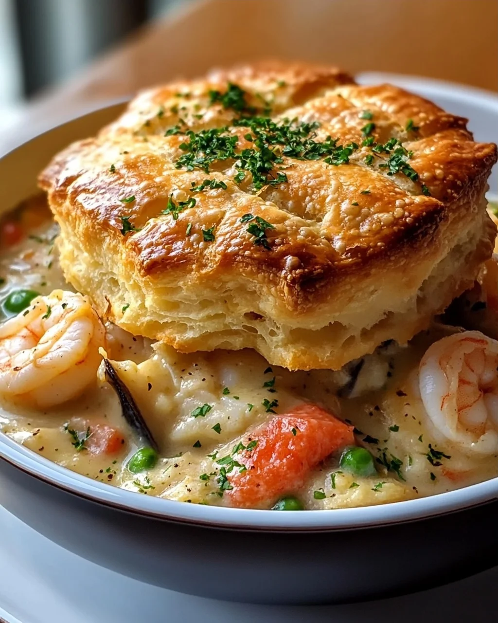 Slow Cooker Cheddar Bay Biscuit Seafood Pot Pie Rezept