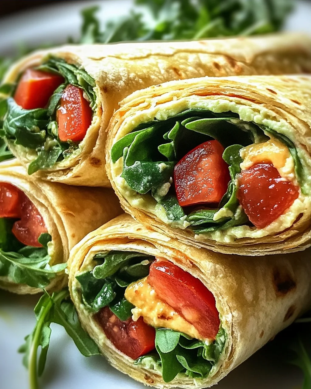 Vegetarische Wrap-Röllchen mit Rucola und Tomaten