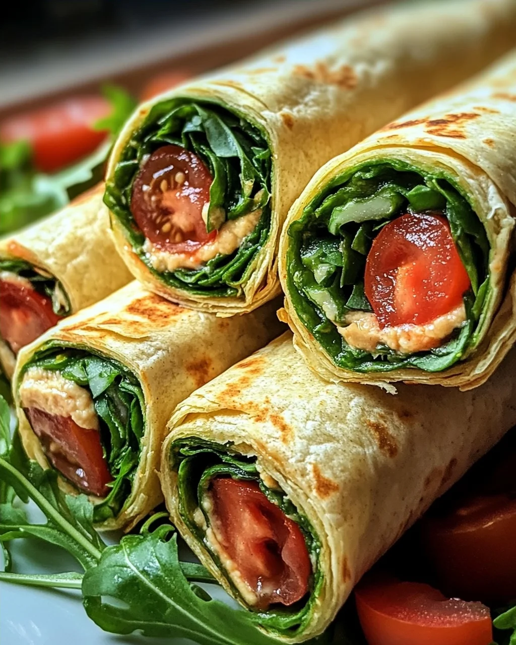 Vegetarische Wrap-Röllchen mit Rucola und Tomaten