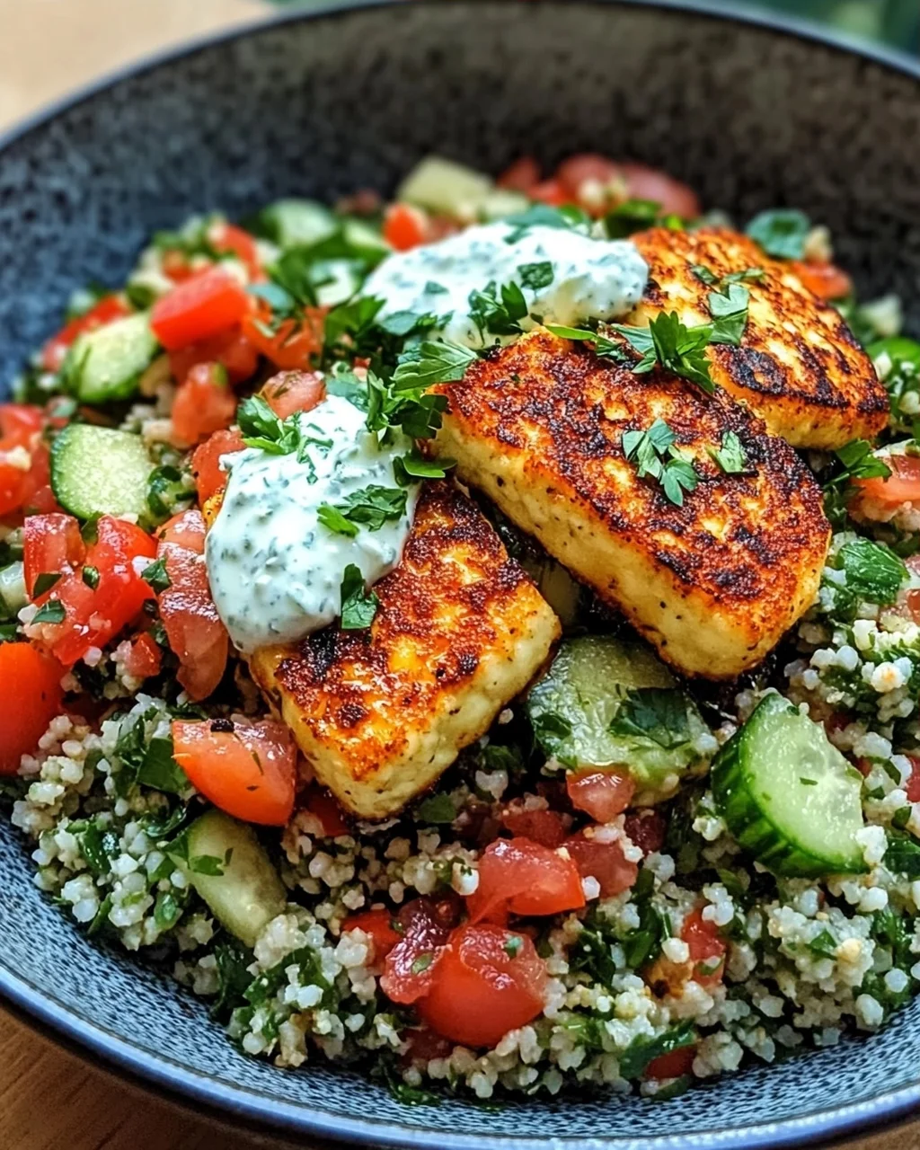 Würziger Halloumi mit Tabbouleh und Minzjoghurt