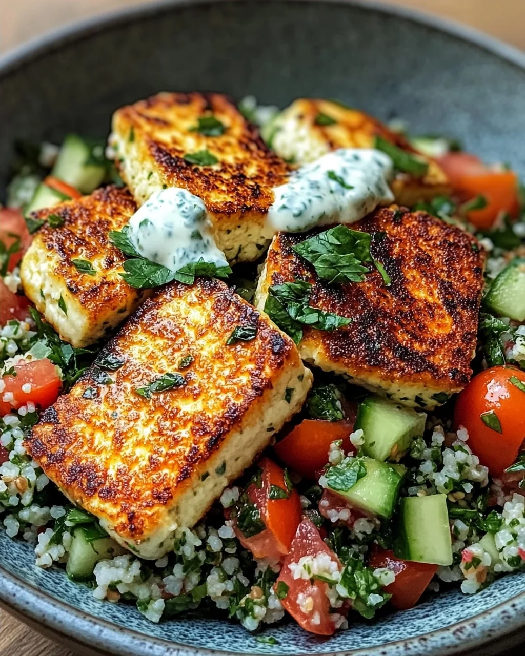 Würziger Halloumi mit Tabbouleh und Minzjoghurt