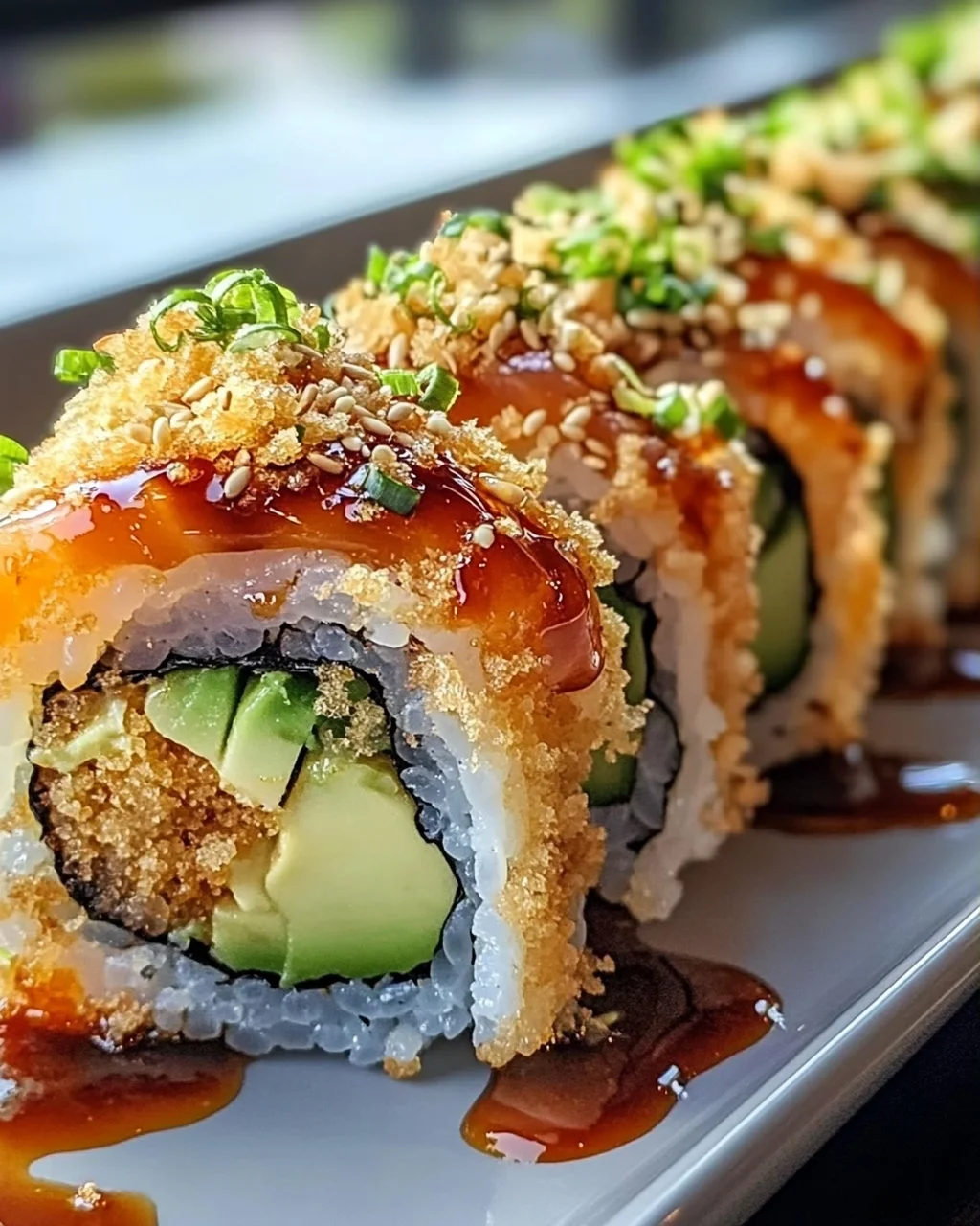 Würziger Volcano Roll mit Avocado und knusprigen Tempura Bits