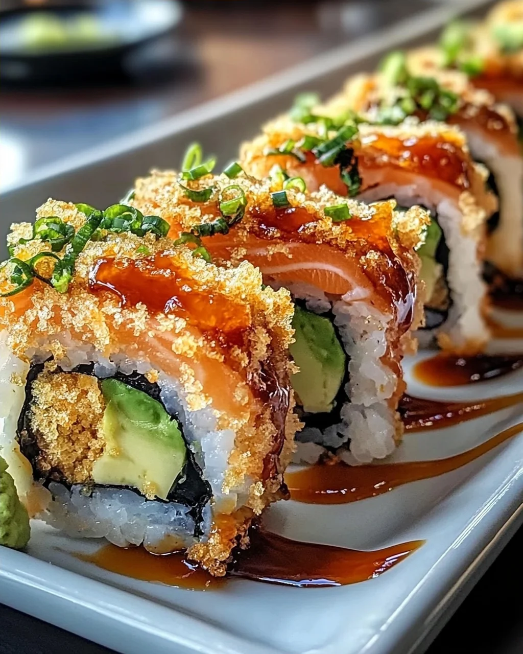 Würziger Volcano Roll mit Avocado und knusprigen Tempura Bits