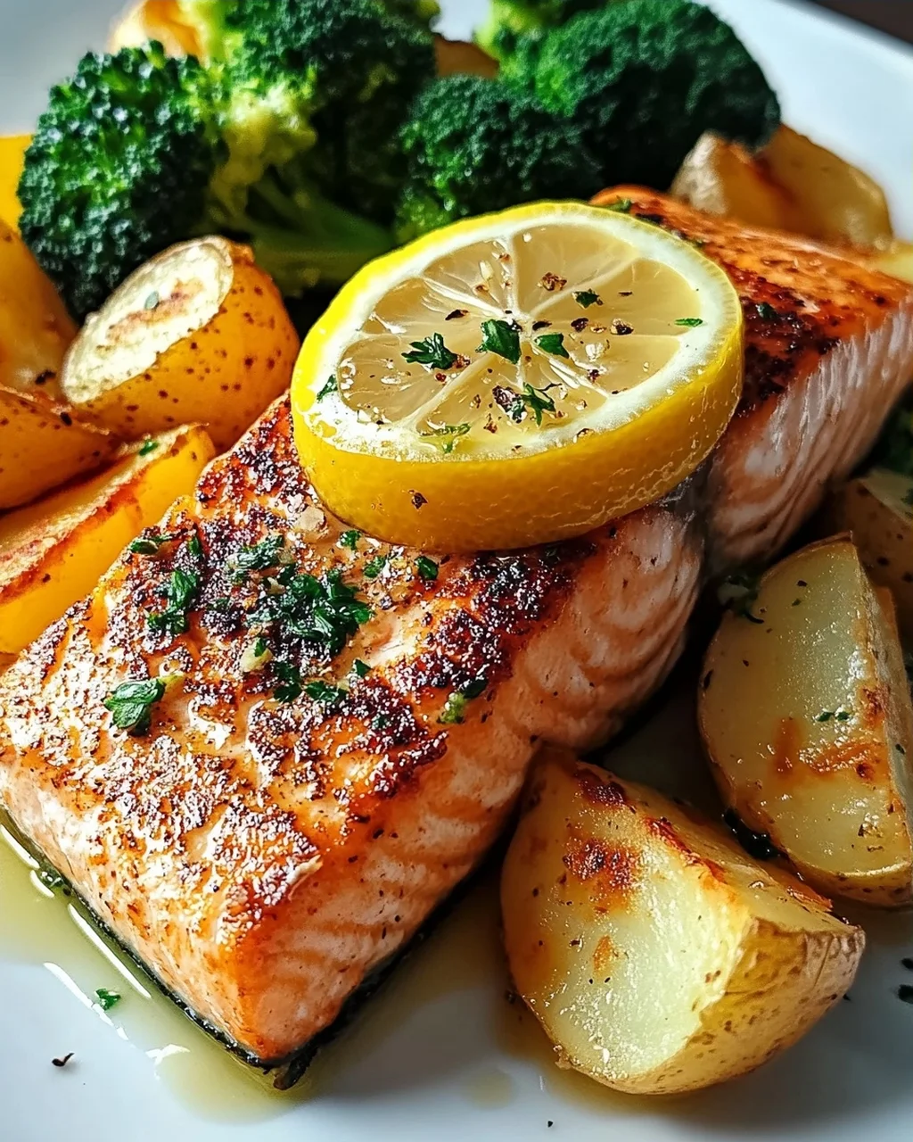 Zitronenbutterlachs mit knusprigen Kartoffeln und Brokkoli