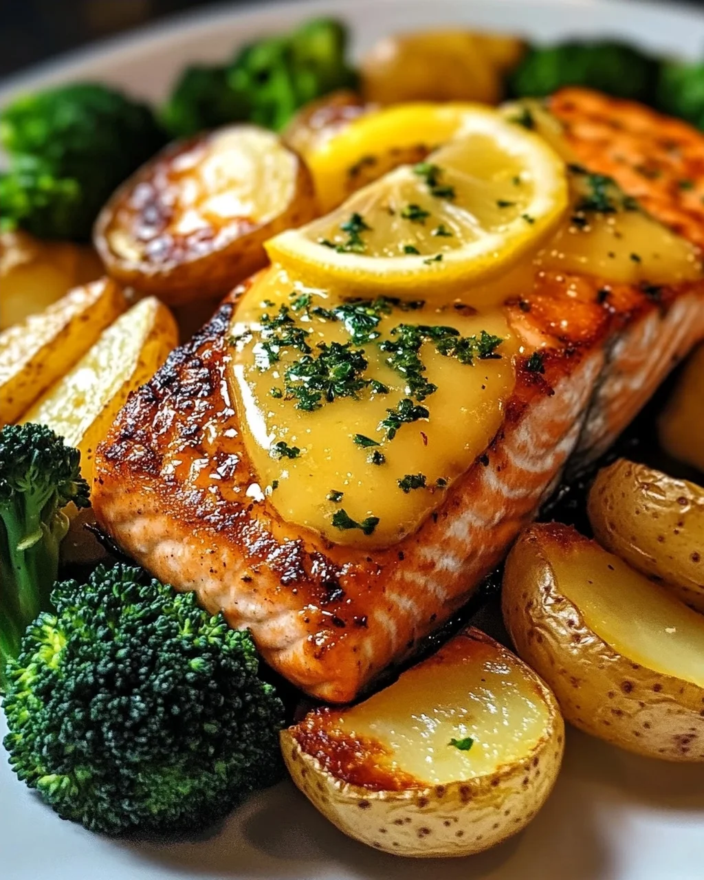 Zitronenbutterlachs mit knusprigen Kartoffeln und Brokkoli