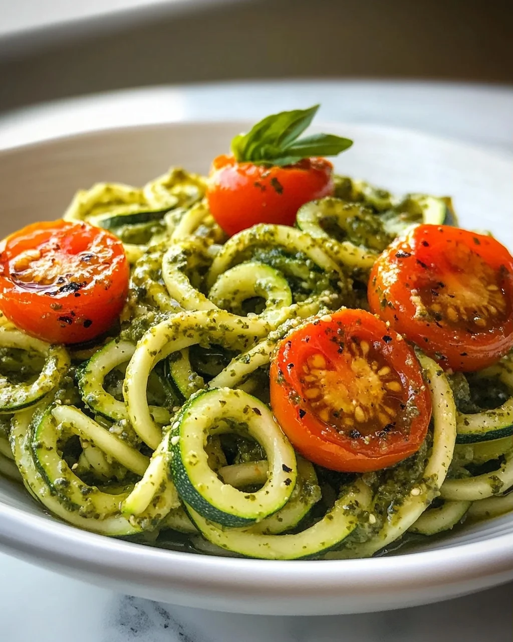 Zucchini Spaghetti mit Pesto & süßen Kirschtomaten – leicht & lecker!