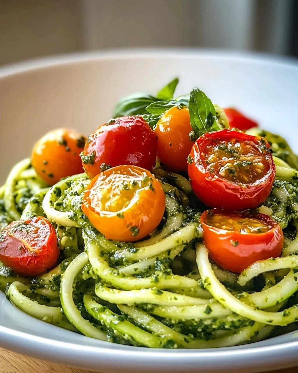 Zucchini Spaghetti mit Pesto & süßen Kirschtomaten – leicht & lecker!